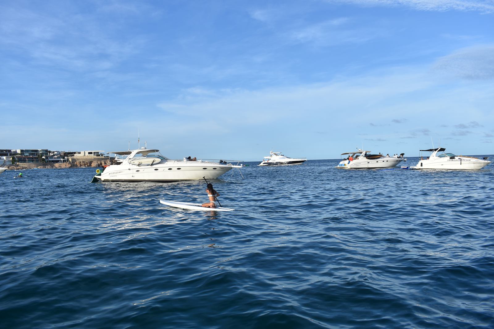 Motor yachts anchored offshore under a blue sky with a paddleboarder in the foreground